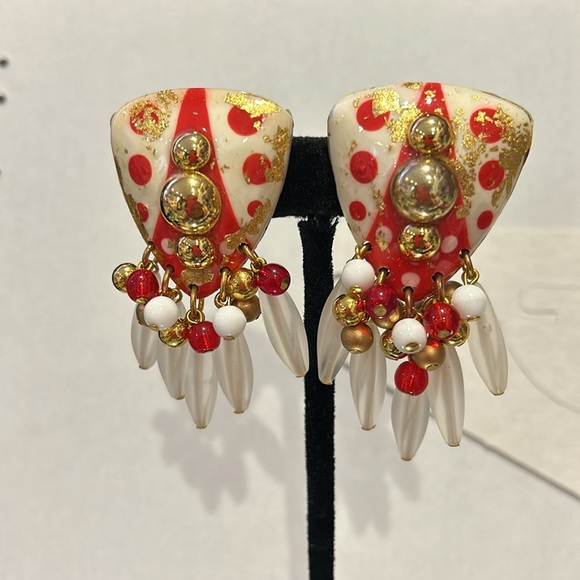 Vintage IKARAMI Red White and Gold Statement Earrings-Boutique - Picture 2 of 6